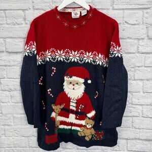 Vintage NutCracker Christmas Sweater Size L Red Blue Santa Claus Candy Cane